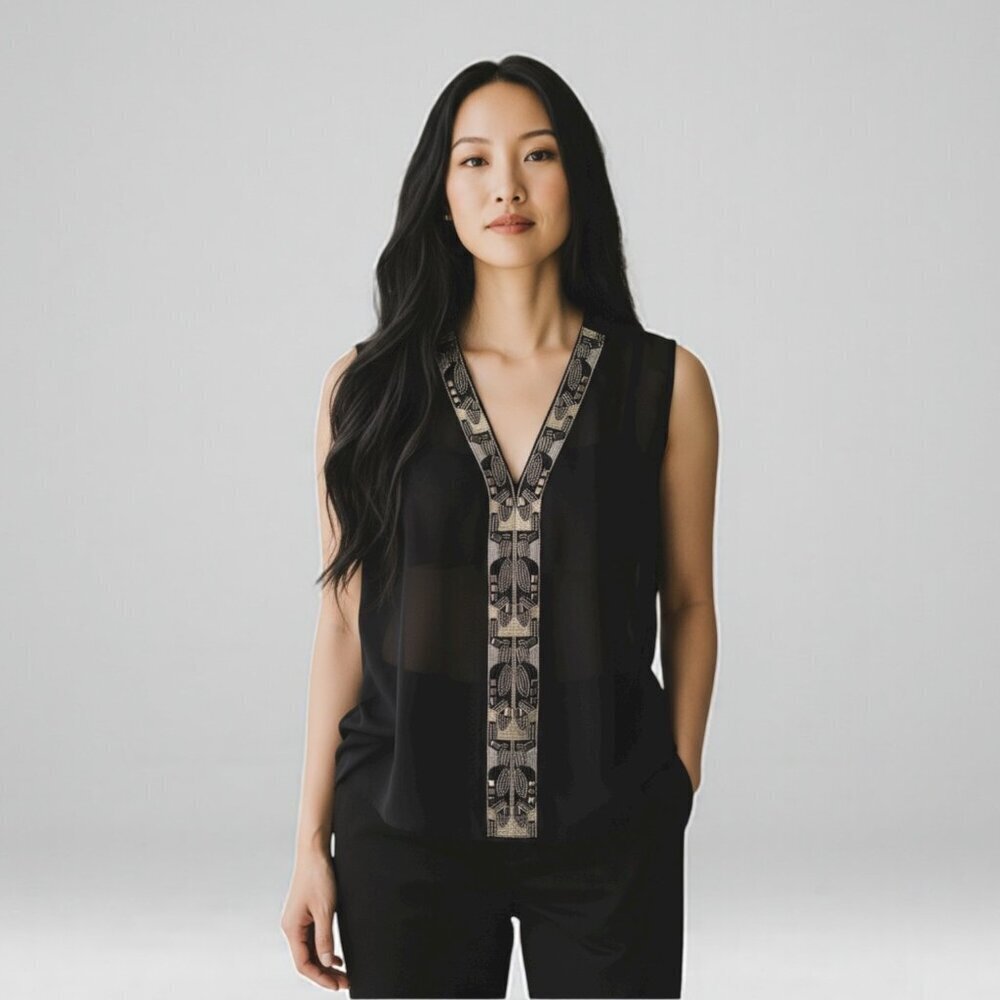 Carmen Marc Valvo Black Beaded Chiffon Sleeveless V-Neck Top Size Large